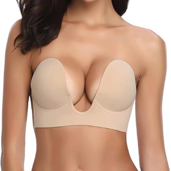 TITU Nude Deep Plunge Strapless Backless Bra 👗 Invisible Push-Up Adhesive Bra - Picture 1 of 7